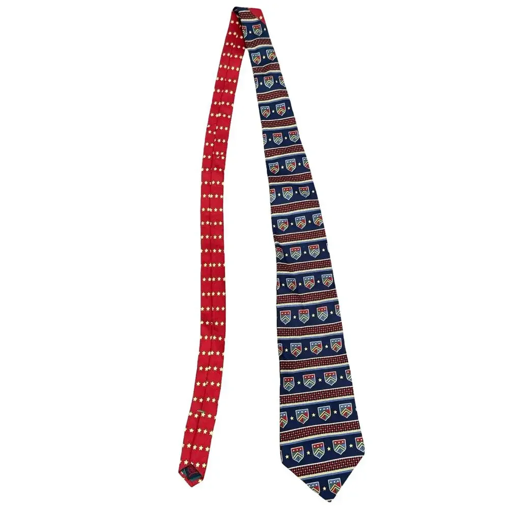 Vintage Tommy Hilfiger Shield Crest Logo 100% Silk Blue Red Stars Tie Necktie